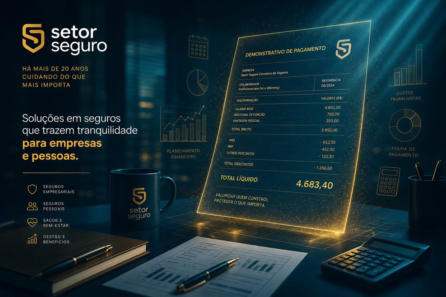 Ilustração premium Setor Seguro — calculadora salário líquido CLT