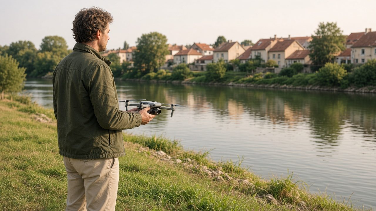 Turista com um drone recreativo à beira de um rio, em uma cidade europeia residencial