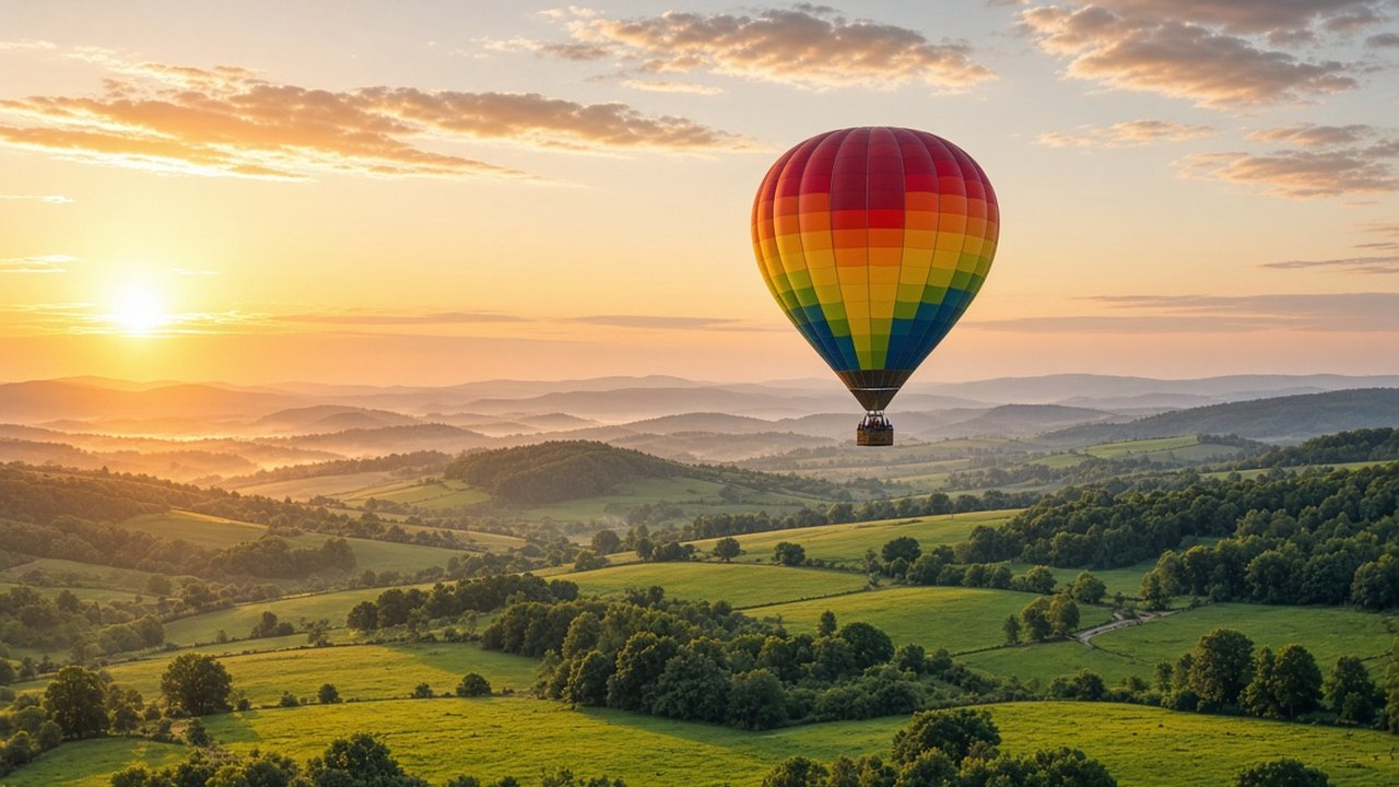 Balão de ar quente sobre o campo ao amanhecer