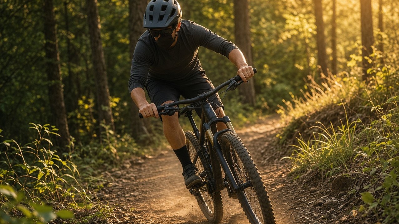 Ciclista de mountain bike em trilha de terra