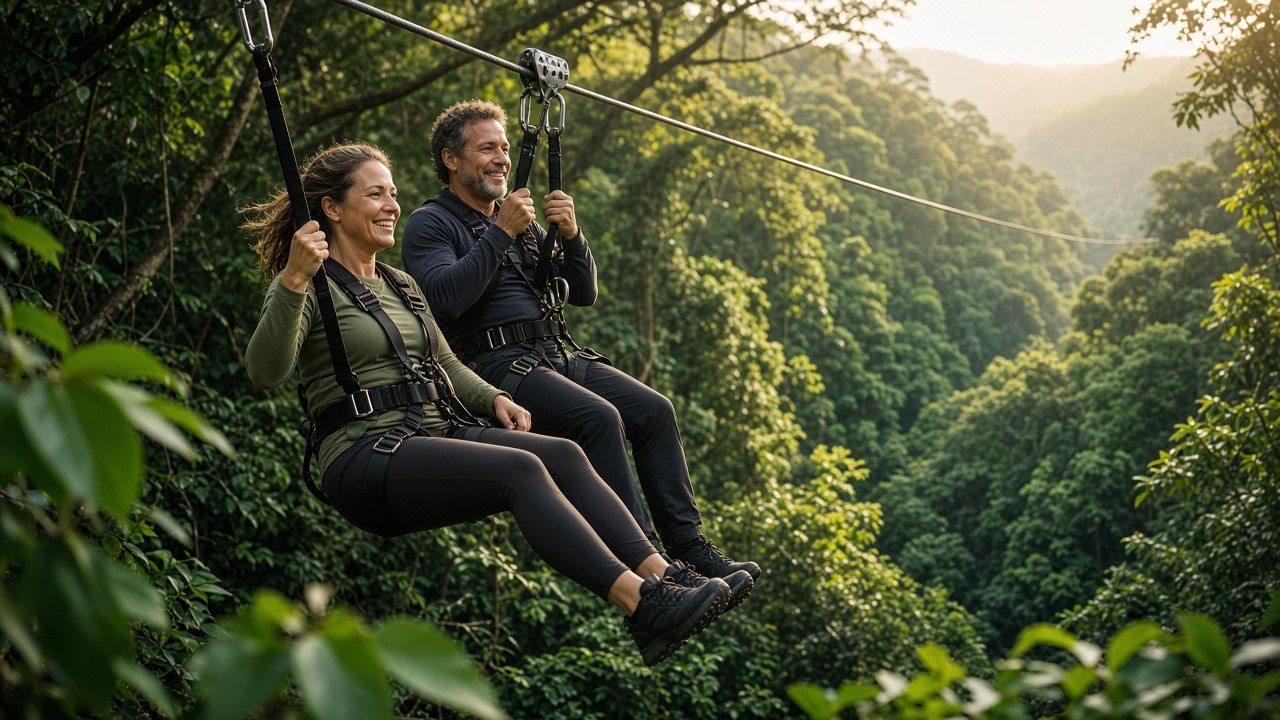 Pessoas em tirolesa sobre a floresta, em experiência de turismo de aventura