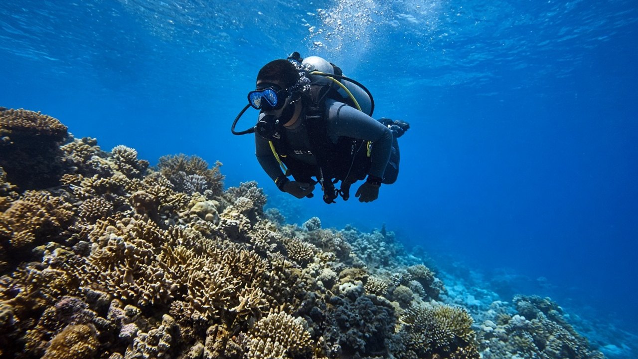 Mergulhador recreativo em recife de coral