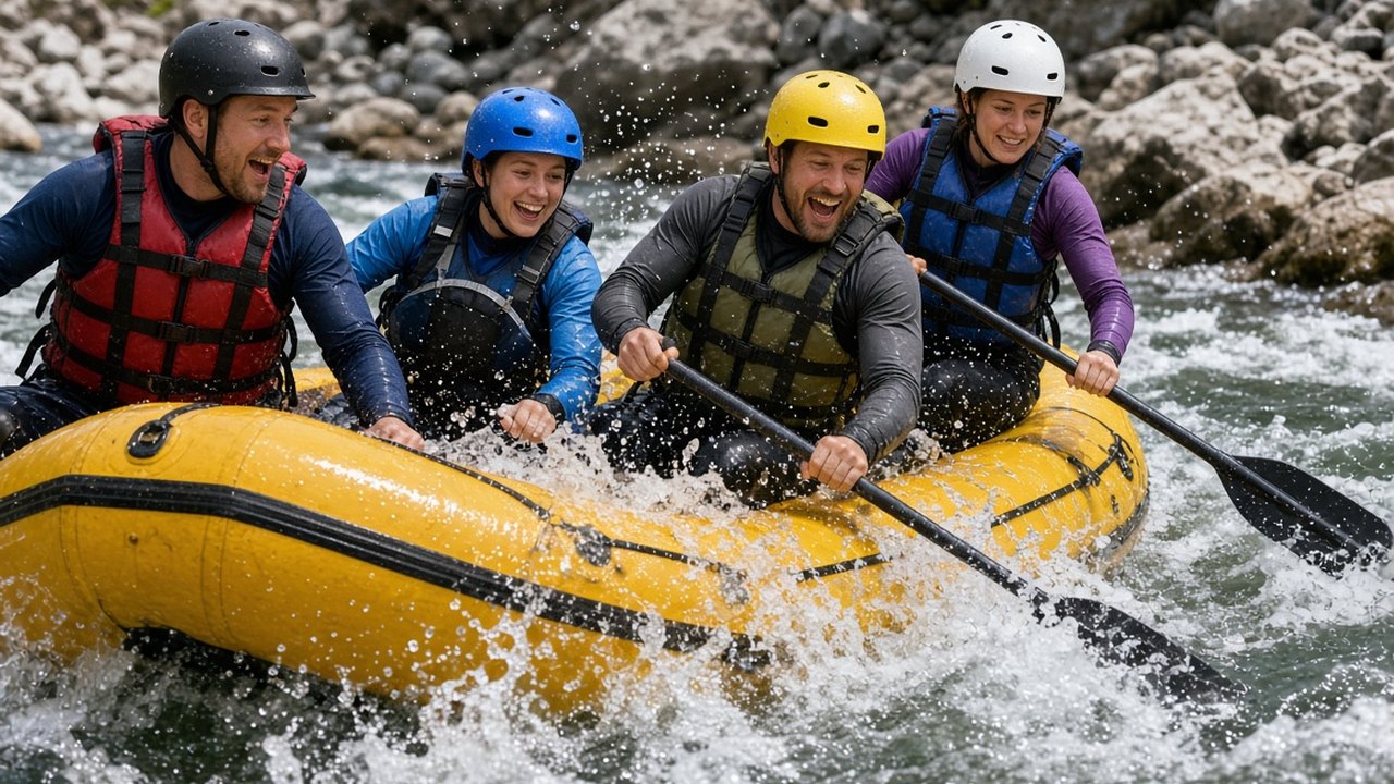 Grupo praticando rafting em corredeira de rio