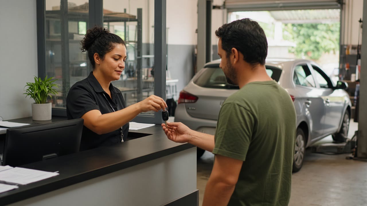 Cliente recebe a chave do carro já reparado na oficina