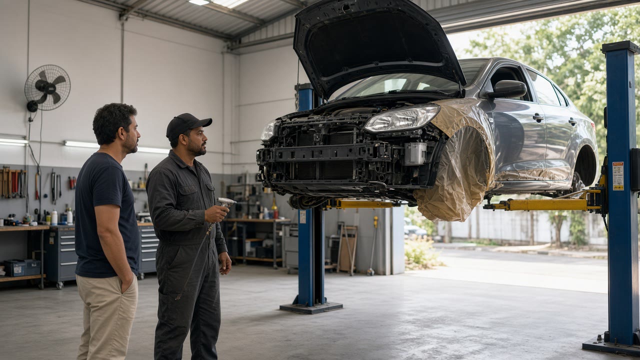 Cliente e funileiro diante do carro em reparo na oficina